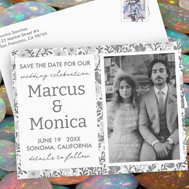 Anpassningsbarna Wildblomsterviner Foto Spara datu Vykort (Wildflower Vines Custom Photo Save the Date Postcard
Black and White Minimal Simple Boho Chic)