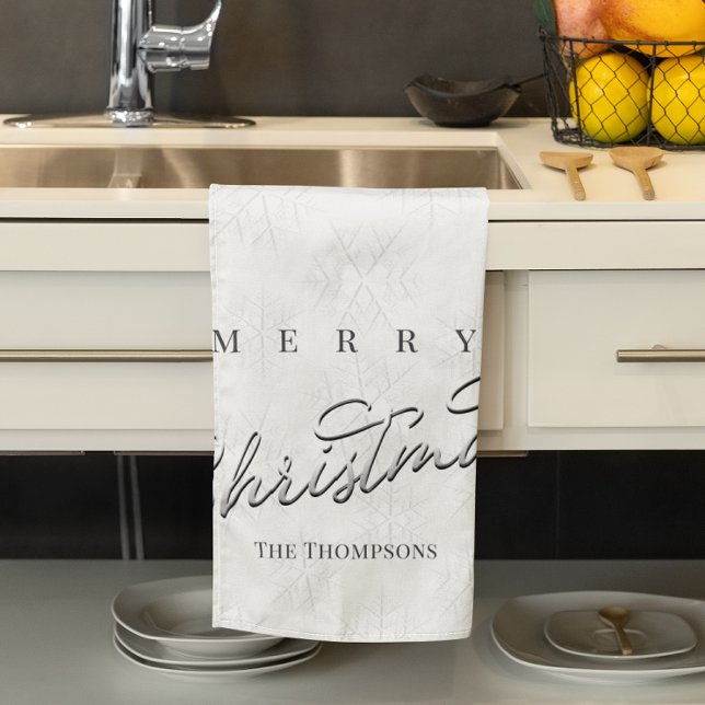 Anpassningsbarna Winter Snöflingor Calligraphy Scr Kökshandduk (Merry Christmas silver script snowflake kitchen towel. )
