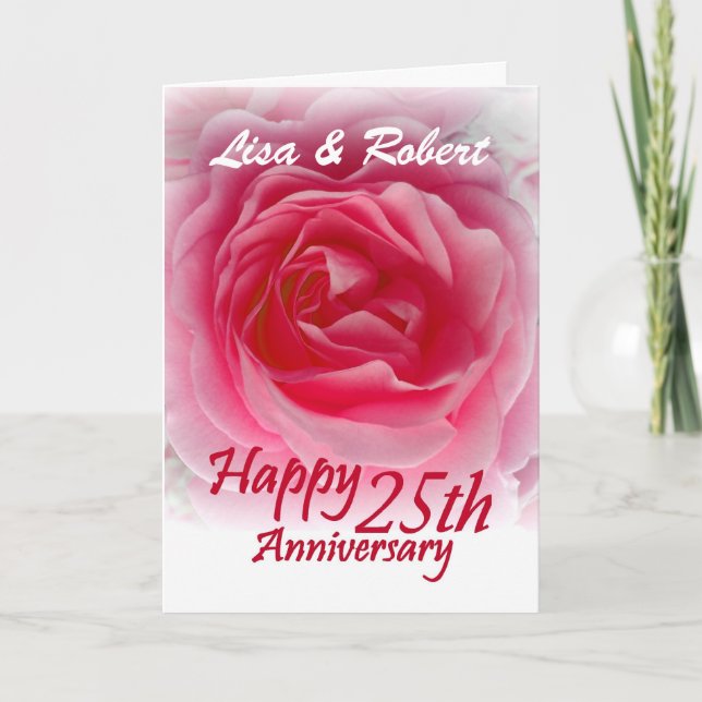 ANPASSNINGSBARNAMN - 25th årsdag med rosa ros Kort (Framsida)