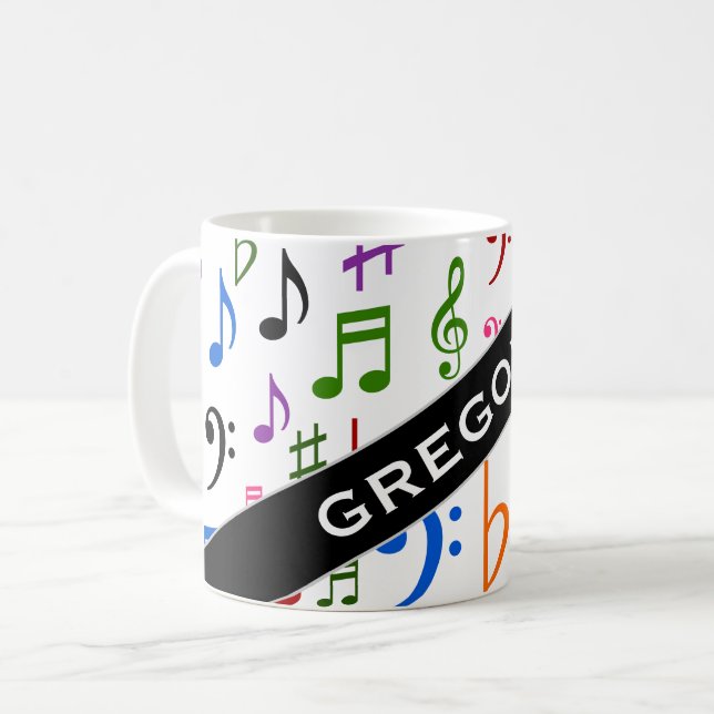 Anpassningsbarnamn; Många färgrika musik noter och Kaffemugg (Framsida vänster)