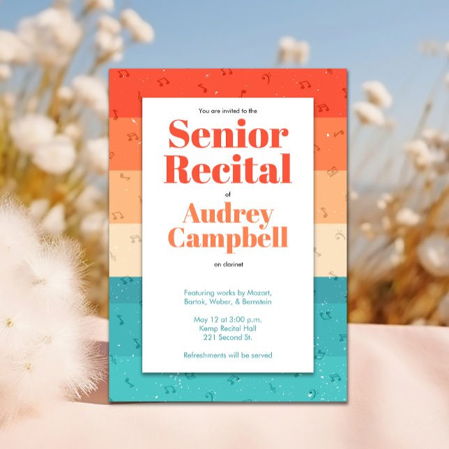 Anpassningsbarnas äldre skäl Retro Modern Music Th Inbjudningar (Colorful retro senior music recital invitation template.)