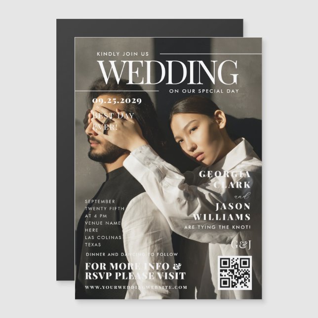 Anpassningsbarnas foto | Magasinomslag Unik Bröllo Magnetisk Inbjudningskort (Fram/baksida)