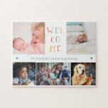 Anpassningsbarnas fotokollage-familj WELCOME nyföd Pussel<br><div class="desc">Fullständigt anpassade den nyfödda baby-födelseannonsmallen keepsakpuzzle med din 5 fotokollage,  WELCOME färgful typography script och din blå text.             Ladda upp fem favoritfoton från familjen och sätt in din födelseinformation och din familj namn/baby/text mellan två små dammiga blå hjärtan!</div>
