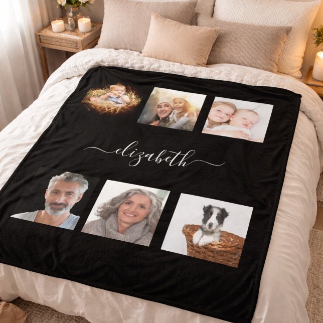 Anpassningsbarnas fotokollage svart monogrammat fleecefilt (Skapare uppladdad)