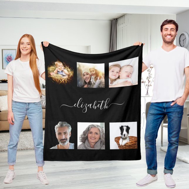 Anpassningsbarnas fotokollage svart monogrammat fleecefilt (Skapare uppladdad)