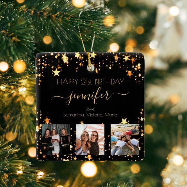 Anpassningsbarnas fotovänner födelsedag svarta gul julgransprydnad keramik (Skapare uppladdad)