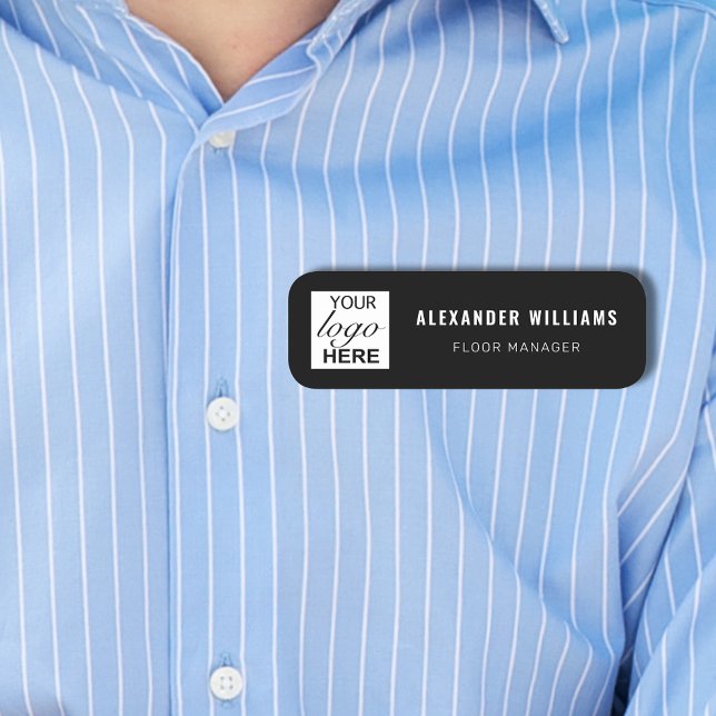 Anpassningsbarnas Logotyp och medarbetare Namnbricka (Custom Business logo employee name and job title name white on black tag Square logo template)
