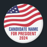 Anpassningsbarnas politiska kandidat 2024 till val magnet<br><div class="desc">Anpassadets politiska kandidatmagneter i kampanj med den amerikanska flagga ovanpå er text i rött,  vitt och blått. Lägg till ert val till president eller annat politiskt kontor i valet 2024. Fet anpassningsbar.</div>
