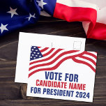 Anpassningsbarnas politiska kandidat 2024 till val vykort<br><div class="desc">Anpassadets politiska kandidat i kampanj har vykort med den amerikanska flagga ovanpå er text i rött,  vitt och blått. Lägg till ert val till president eller annat politiskt kontor i valet 2024. Fet anpassningsbar.</div>