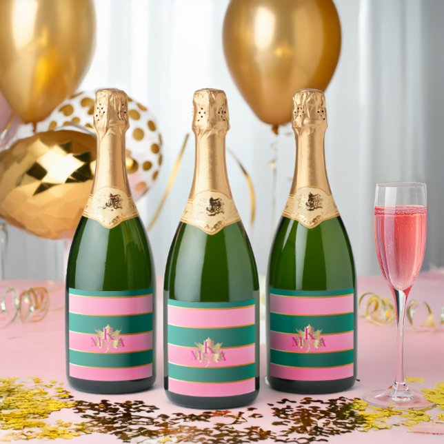 Anpassningsbarnas Rosa och Grönt Monogrammed Bever (Chic and Festive Pink and Green Personalized Wine Labels )