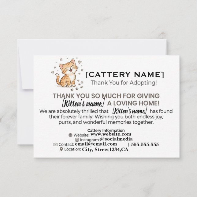 Anpassningsbart Kattrums Kitten-Antagningsprogram Tack Kort (Framsida)