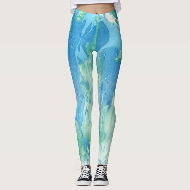 Anpassningsblå Grönt Vit modern Abstrakt Leggings (Framsida)