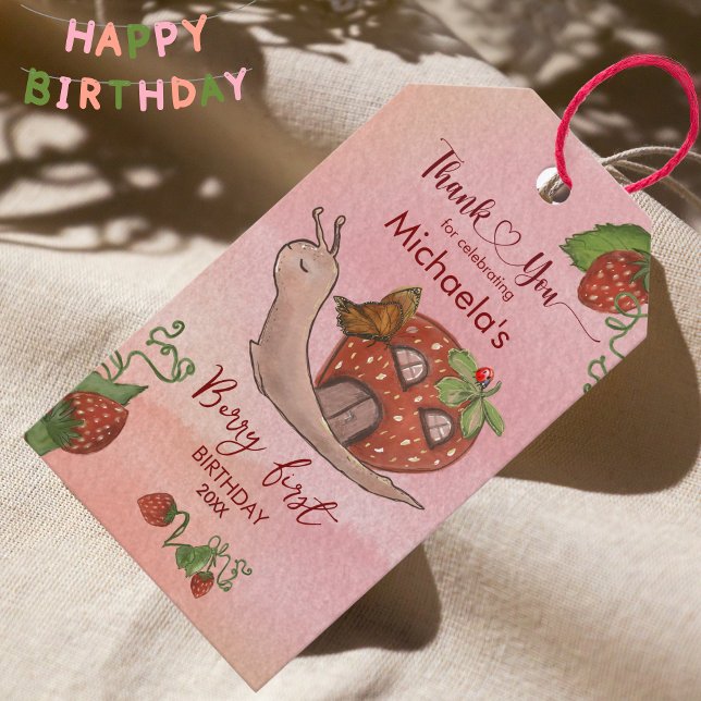 Anpassningsetikett för jordgubbe: Födelsedag & Beb Presentetikett (Custom Strawberry Favor Tag: Birthday & Baby Gift Tags)