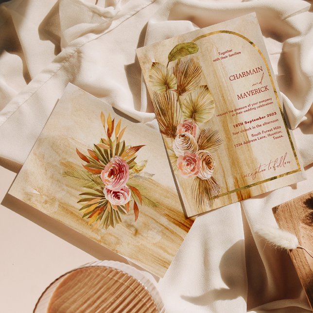 Anque Arched Guld Bohemian Torkad blomma Bröllop Inbjudningar (Skapare uppladdad)