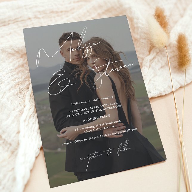 Anrografifoto för White namn-skript bröllop Inbjudningar (White names script calligraphy photo wedding invitation)
