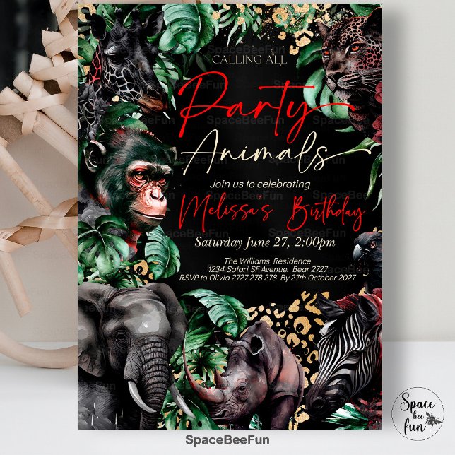 Anropa all inbjudan till Party-djurets födelsedag (Calling All,Party Animal,Birthday Invitation,Leopard Print,Black Jungle,Theme Safari,Gothic Safari,P)