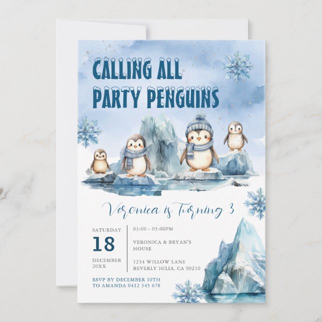 Anropa alla arktiska djur i Penguins Party på föde Inbjudningar (Framsida)
