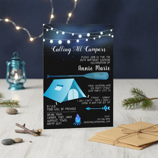 Anropa alla Campers Blue Birthday-inbjudningar Inbjudningar (Calling All Campers Blue Birthday Invitation)