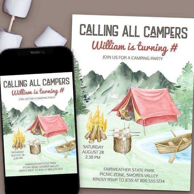 Anropa alla Campers Boys Birthday Camping Party Inbjudningar (Skapare uppladdad)
