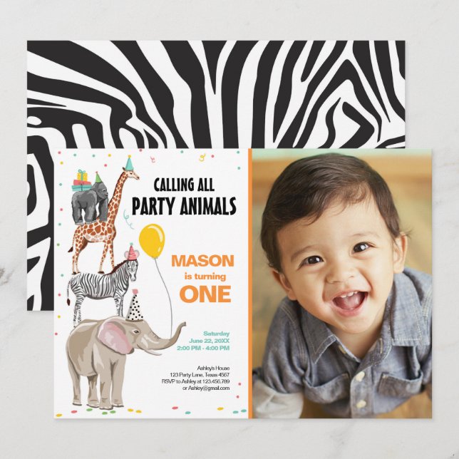 Anropa alla djur i Party Zoo Vild födelsedagen Inbjudningar (Fram/baksida)