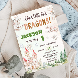 Anropa alla dragons vattenfärg 1:a födelsedag inbjudningar