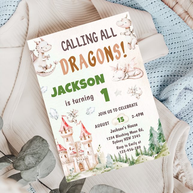 Anropa alla dragons vattenfärg 1:a födelsedag inbjudningar (Skapare uppladdad)
