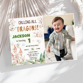 Anropa alla dragons vattenfärg 1:a födelsedagsfoto inbjudningar