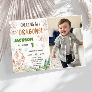 Anropa alla dragons vattenfärg 1:a födelsedagsfoto inbjudningar