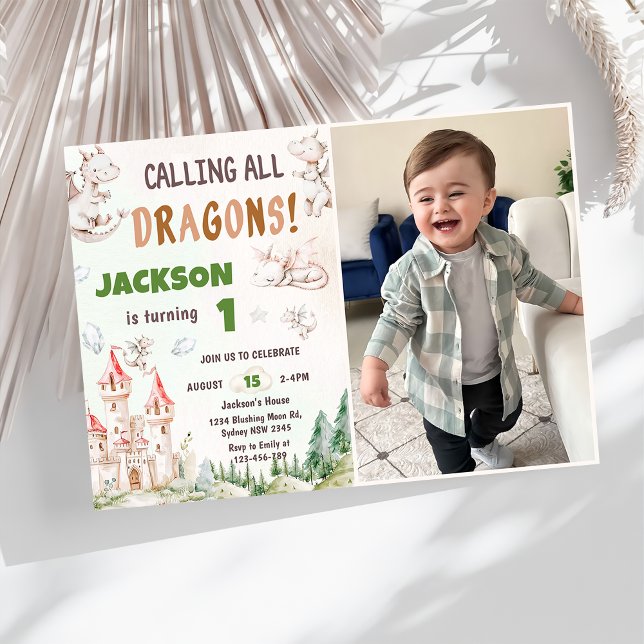 Anropa alla dragons vattenfärg 1:a födelsedagsfoto inbjudningar (Skapare uppladdad)