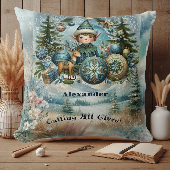 Anropa alla Elves Julgran-prydnadsföremål Snö Kudde (Calling All Elves Christmas Tree Ornaments Snow Throw Pillow)