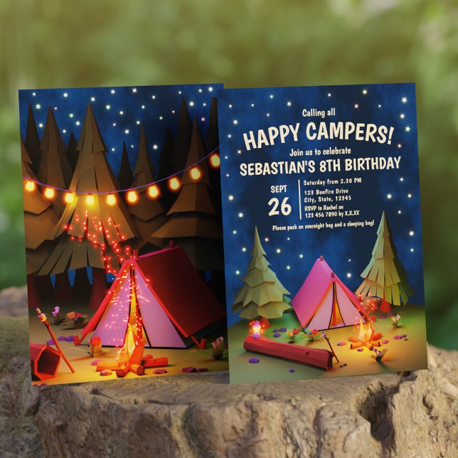 Anropa alla läger i Lycklig under stjärnans födels Inbjudningar (Calling All Happy Campers Under the Stars Birthday Invitation)