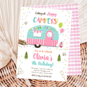 Anropa alla Lycklig Campers Camping Girl Birthday Inbjudningar