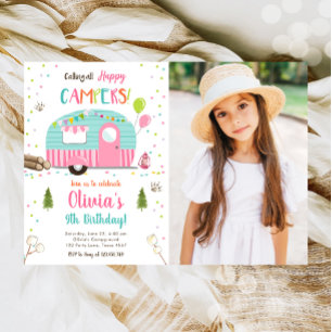 Anropa alla Lycklig Campers Camping Girl Birthday Inbjudningar