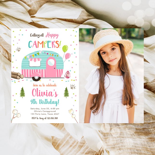 Anropa alla Lycklig Campers Camping Girl Birthday Inbjudningar (Skapare uppladdad)