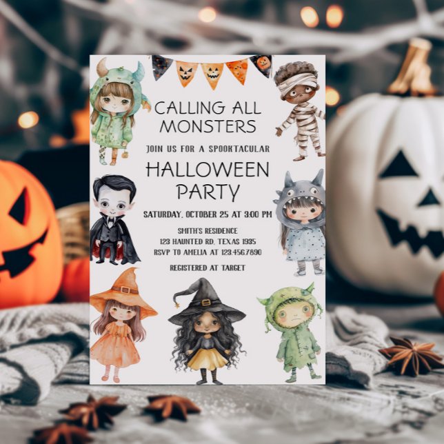 Anropa alla monster Kids Costume Halloween fest Inbjudningar (Calling All Monsters Kids Costume Halloween Party Invitation)
