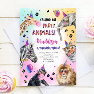 Anropa alla Party Animals Girl Safari Birthday Inbjudningar