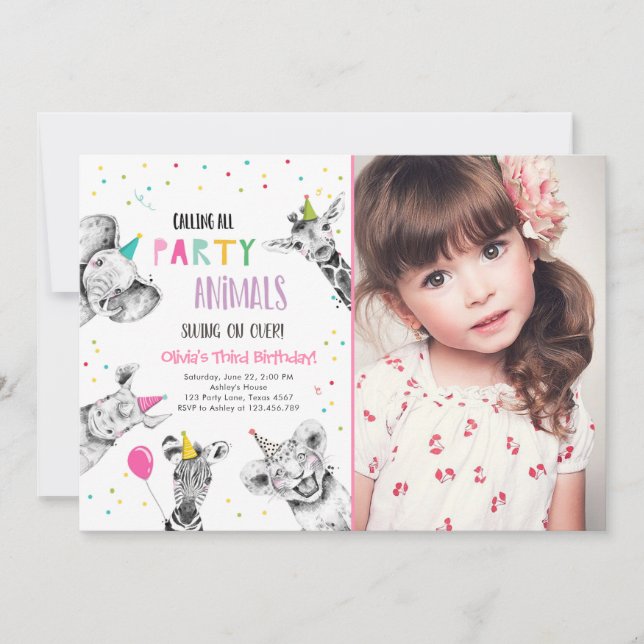 Anropa alla Party Animals Girl Safari Birthday Inv Inbjudningar (Framsida)