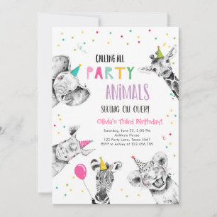 Anropa alla Party Animals Girl Safari Birthday Inv Inbjudningar