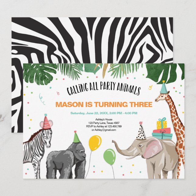 Anropa alla Party Animals Zoo Vild Boy Birthday Inbjudningar (Fram/baksida)