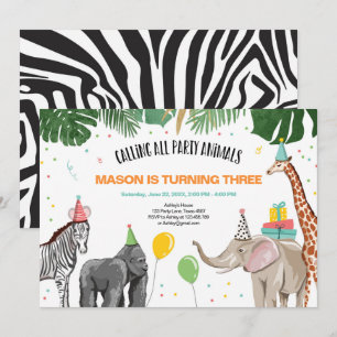 Anropa alla Party Animals Zoo Vild Boy Birthday Inbjudningar