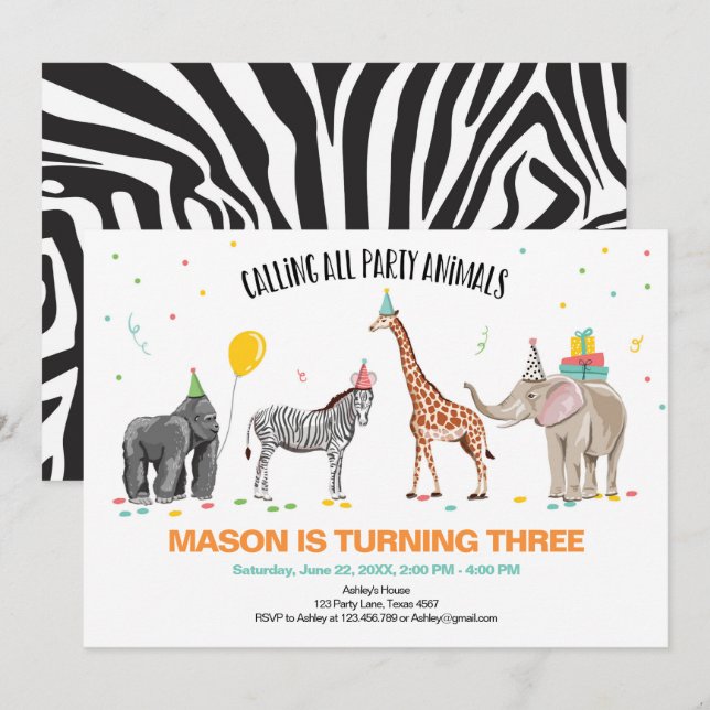 Anropa alla Party Animals Zoo Vild Boy Birthday Inbjudningar (Fram/baksida)