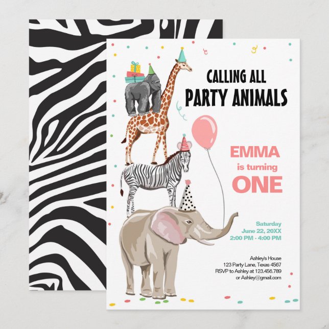 Anropa alla Party Animals Zoo Vild Girl Birthday Inbjudningar (Fram/baksida)