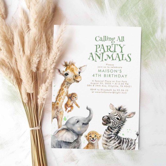 Anropa alla Party djur Cute Safari Birthday Inbjudningar (Safari Animals Cute Birthday Invitations)