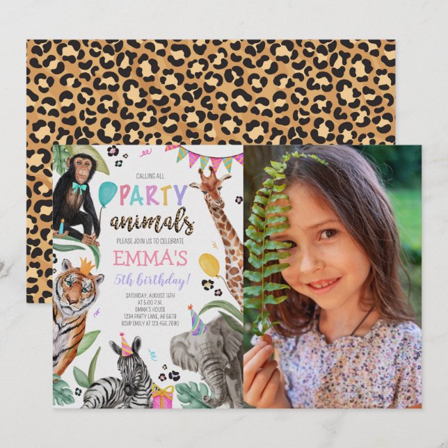 Anropa alla Party-djur, födelsedagsfoto Inbjudningar (Fram/baksida)