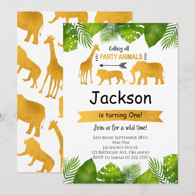 Anropa alla Party-djur Golden Safari Inbjudan (Fram/baksida)