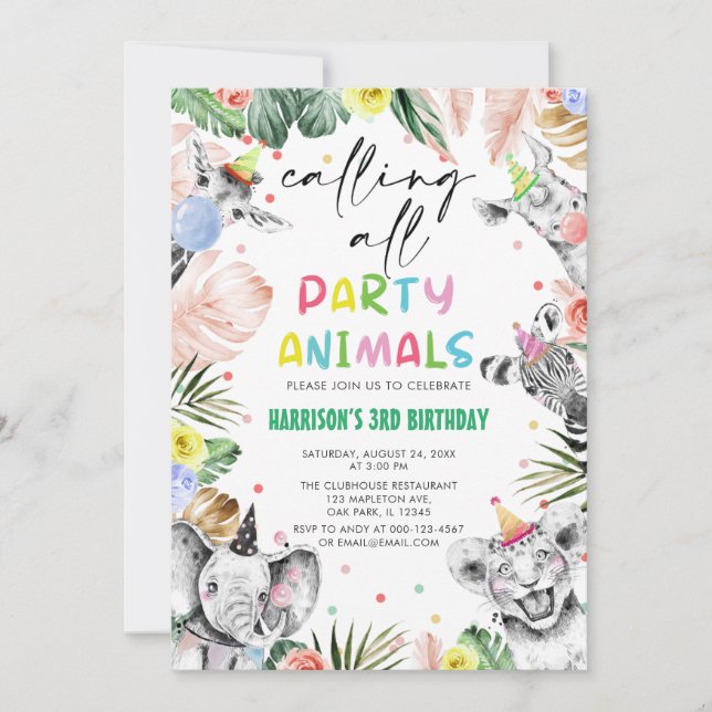 Anropa alla Party djur Jungle Safari Birthday Inbjudningar (Framsida)