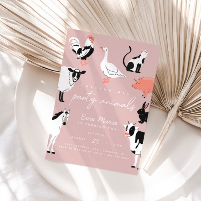 Anropa alla Party-djur | Kids Boskap Inbjudningar (Calling All Party Animals! Modern pink invitation.)