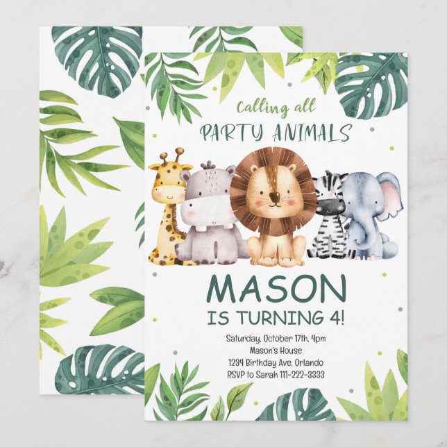 Anropa alla Party djur Safari Birthday Inbjudan (Fram/baksida)