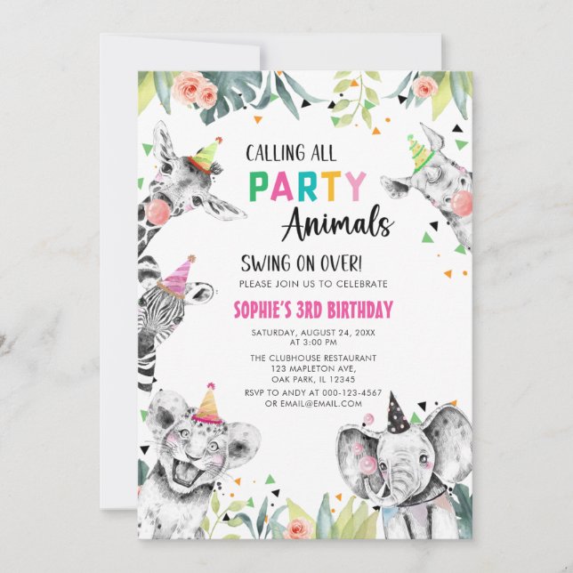 Anropa alla Party djur Safari Birthday Inbjudningar (Framsida)