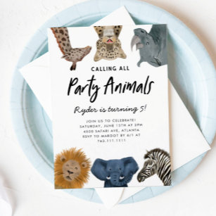 Anropa alla Party djur Safari Zoo Birthday Inbjudningar
